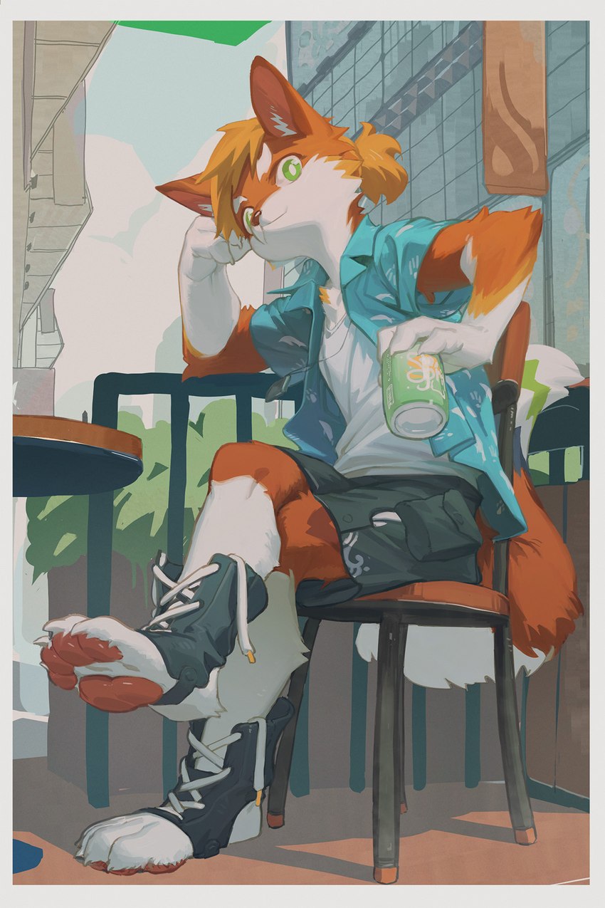 4_toes anthro beverage beverage_can bottomwear chair claws clothed clothing feet footwear fur furniture hair holding_beverage holding_object kemono looking_at_viewer male male_anthro multicolored_body multicolored_fur pawpads paws plantigrade ponytail shirt shorts sitting soles solo stirrup_footwear toe_claws toeless_footwear toes topwear juo1 canid canine fox mammal 2022 2:3 digital_media_(artwork) hi_res