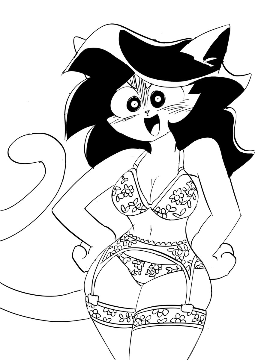 anthro biped black_eyes black_hair bra breasts cat_tail clothing eyebrows female garter_straps hair inner_ear_fluff lingerie open_mouth open_smile pose pupils simple_background smile solo standing tail tongue tuft underwear white_background white_pupils white_sclera yarharcannon 2022 black_and_white digital_media_(artwork) hi_res monochrome sketch