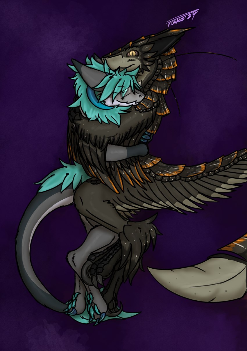 biped claws cuddling digitigrade eyes_closed eyewear feathered_arms feathered_wings feathers feet fur glasses hair horn hug nude pawpads paws sickle_claw simple_background tail toe_claws toes wings toddavali asher_sterling enolaraptor wickerbeast digital_media_(artwork) hi_res maleherm_(lore)