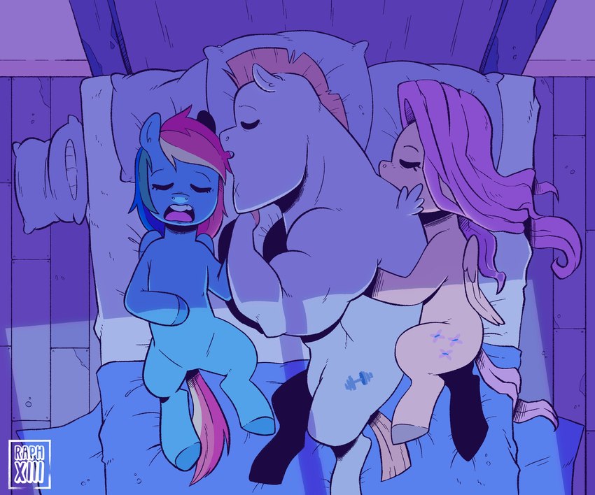 bed blue_body cutie_mark eyes_closed female feral furniture group hair hooves male multicolored_hair multicolored_tail muscular muscular_male open_mouth pillow pink_hair pink_tail rainbow_hair rainbow_tail sleeping tail trio wings yellow_body raph13th friendship_is_magic hasbro my_little_pony mythology bulk_biceps_(mlp) fluttershy_(mlp) rainbow_dash_(mlp) equid equine mammal mythological_creature mythological_equine pegasus 6:5 absurd_res hi_res signature