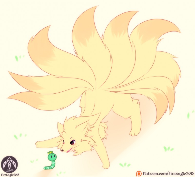 ambiguous_gender blush crown duo feral grass headgear patreon_logo plant text senz adventure_time cartoon_network nintendo patreon pokemon king_worm generation_1_pokemon ninetales pokemon_(species) worm hi_res signature url