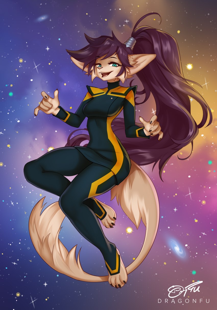 anthro breasts clothed clothing female floating hair long_hair looking_at_viewer medium_breasts paws ponytail purple_hair solo tail dragonfu zex_(dragonfu) alien 2022 hi_res