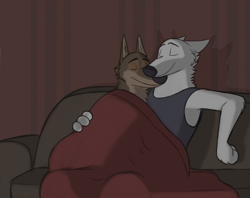 anthro bedding blanket clothed clothing duo eyes_closed furniture male reclining shadow sitting sofa skunkbutt_(artist) disney zootopia gary_(zootopia) larry_(zootopia) canid canine canis mammal wolf hi_res