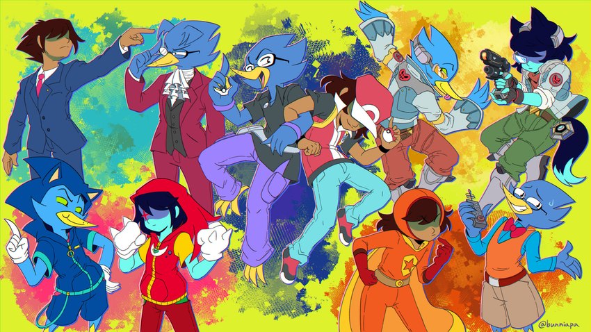 ambiguous_gender anthro blinding_bangs cosplay crossover_cosplay duo eyewear glasses male male/ambiguous nerd tongue tongue_out bunniapa ace_attorney capcom deltarune nintendo pbs pokemon sega sonic_the_hedgehog_(series) star_fox undertale_(series) wordgirl berdly blue_(pokemon) falco_lombardi fox_mccloud knuckles_the_echidna kris_(deltarune) miles_edgeworth phoenix_wright red_(pokemon) sonic_the_hedgehog avian bird human mammal 16:9 4k absurd_res crossover hi_res widescreen