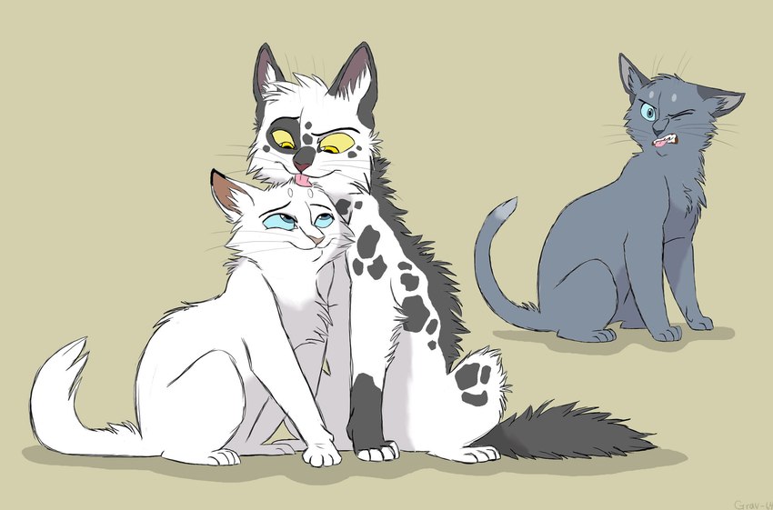 ambiguous_gender black_spots blue_eyes canon_couple disgust eye_contact feral fluffy fur grey_body grey_eyes grey_fur group head_lick looking_at_another markings one_eye_closed paws quadruped shadow simple_background sitting spots spotted_body spotted_fur tail trio white_body white_fur yellow_eyes graystripe64 warriors_(book_series) bluestar_(warriors) snowfur_(warriors) thistleclaw_(warriors) domestic_cat felid feline felis mammal 2010 cel_shading digital_drawing_(artwork) digital_media_(artwork) hi_res shaded female_(lore) male_(lore) sibling_(lore) sister_(lore) sisters_(lore)