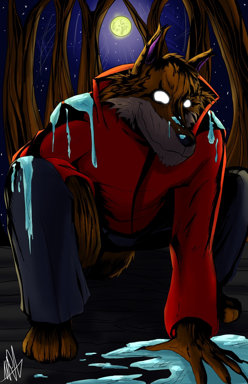 anthro black_shading bottomwear clothing costume detailed_background forest fursuit glowing glowing_eyes jacket liquid male mask oversized_bottomwear oversized_clothing oversized_pants pants plant red_clothing scary slime slime_on_body solo topwear tree western_comics_(style) babyaren marvel spider-man_(series) aren_ace_armmen canid canine canis human mammal wolf absurd_res comic cover cover_art cover_page hi_res