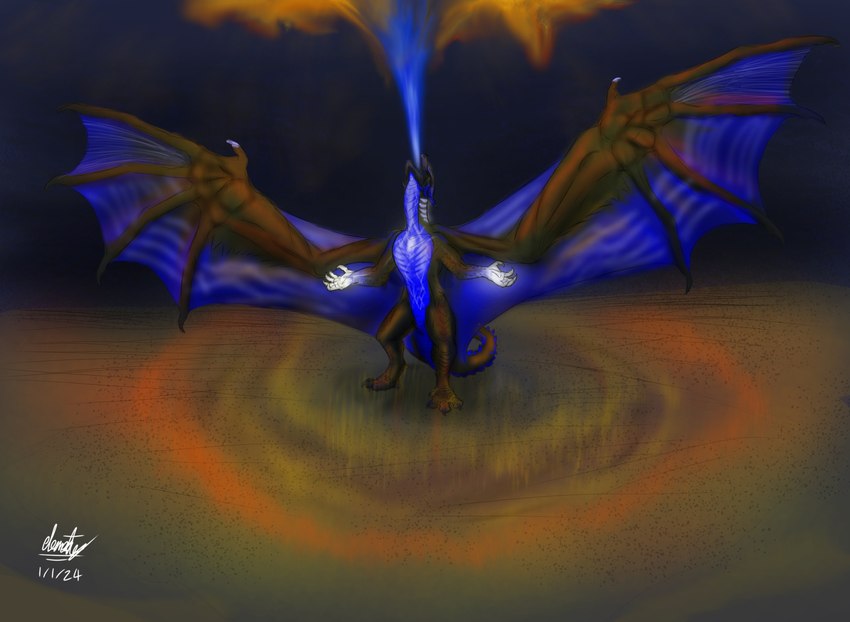 athletic big_wings bright_light claws digitigrade energy feral glowing glowing_chest glowing_claws horn intimidation male membrane_(anatomy) membranous_wings pose power-up sand simple_background solo standing tail wings elementusmetta european_mythology mythology elements_(elementusmetta) dragon elemental_creature mythological_creature mythological_scalie reptile scalie western_dragon hi_res signature