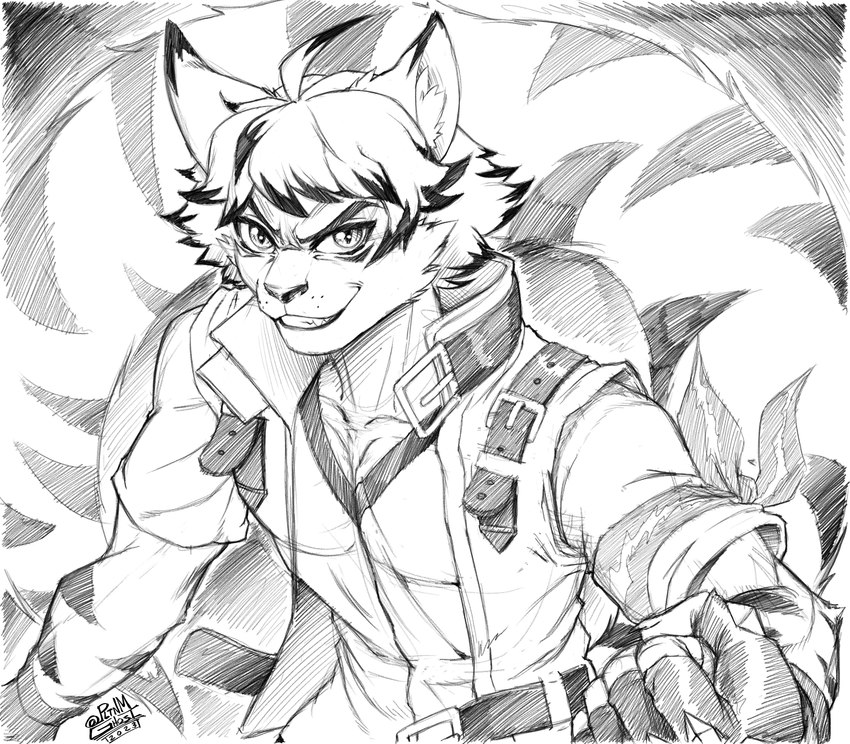 ahoge anthro armband athletic athletic_male belt big_tail clothed clothing dipstick_ears ear_markings fingerless_gloves fist fur gloves grin hair handwear highlights_(coloring) inner_ear_fluff looking_at_viewer male markings multicolored_ears open_clothing open_topwear open_vest shirt short_hair smile solo striped_body striped_fur striped_markings striped_tail stripes tail tail_markings topwear tuft vest pltnm06ghost kay_(maxl8) felid mammal pantherine tiger 2023 absurd_res greyscale hi_res monochrome