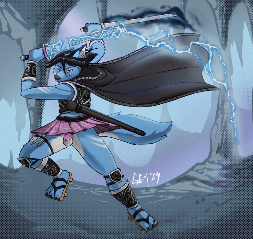 anthro armor assassin attack battle blue_body blue_fur bottomwear cape casual_chastity cave chastity_cage chastity_device clothed clothing crossdressing dual_wielding electricity fur holding_object holding_weapon lightning lightning_magic magic male melee_weapon narrowed_eyes orange_eyes panties pink_bottomwear pink_clothing pink_skirt rogue shadow shadow_magic skirt solo sword trickster underwear upskirt weapon white_body white_fur gemerency dungeons_and_dragons hasbro wizards_of_the_coast sepfy canid canine fox mammal