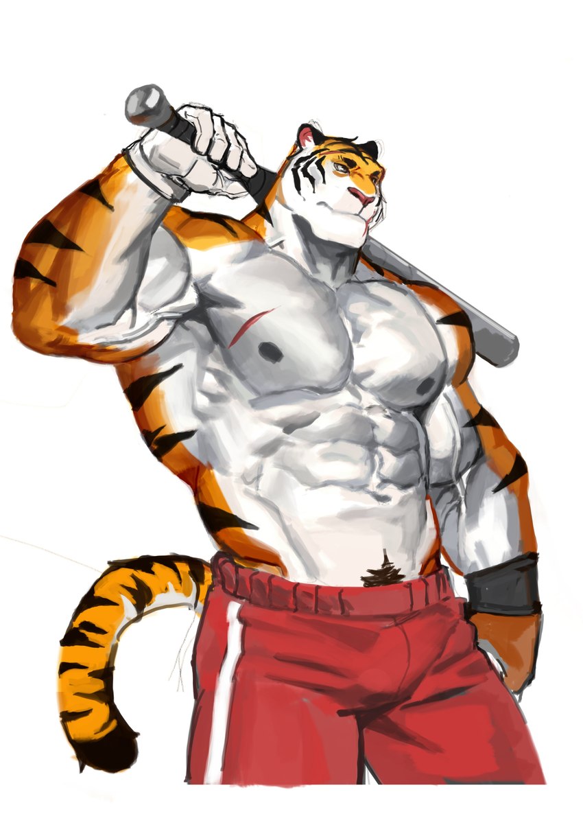 anthro baseball_bat bat_(object) fur male muscular muscular_anthro muscular_male nipples scar solo striped_body striped_fur stripes traver009 coach_ho felid mammal pantherine tiger absurd_res hi_res