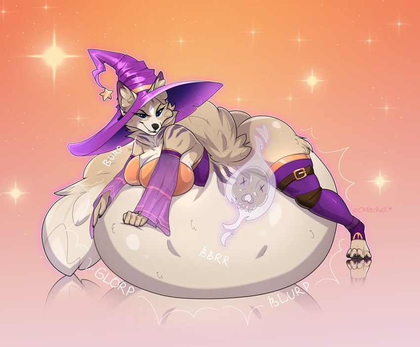 anthro belly big_belly blue_eyes clothing female gold_clothing hat headgear headwear long_tail magic_user purple_clothing purple_hat purple_headwear solo tail vore witch cmitchell canid canine canis fox ghost mammal spirit wolf hi_res