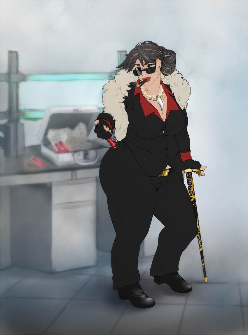 boa_(clothing) breasts cane cigar cleavage clothed clothing eyewear female fully_clothed injection laboratory mature_female mature_human not_furry overweight overweight_female power_suit solo sunglasses syringe syringe_in_ass transformation yukitashi tania_marovitch human mammal absurd_res hi_res sequence