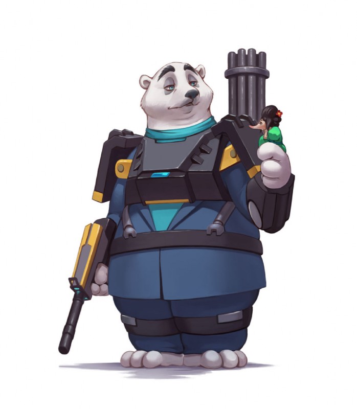 anthro clothed clothing cosplay crossover_cosplay duo fully_clothed fur gun holding_gun holding_object holding_ranged_weapon holding_weapon looking_at_another machine ranged_weapon simple_background standing weapon white_background white_body white_fur bei_ju_luoxuan_wan blizzard_entertainment disney overwatch zootopia bastion_(overwatch) fru_fru koslov_(zootopia) bear eulipotyphlan mammal omnic polar_bear shrew ursine 2017 crossover hi_res