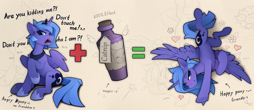 >w< acting_like_a_cat angry animal_noises asking asking_another asking_if_serious bedroom_eyes blush catnip command dialogue directional_arrow don't_touch drugs emoticon equation female feral heart_symbol hearts_around_body hearts_around_entire_body hissing horn information_label narrowed_eyes number onomatopoeia percentage question seductive simple_background solo sound_effects text wings yakovlev-vad friendship_is_magic hasbro my_little_pony mythology princess_luna_(mlp) equid equine mammal mythological_creature mythological_equine winged_unicorn 2022 english_text hi_res