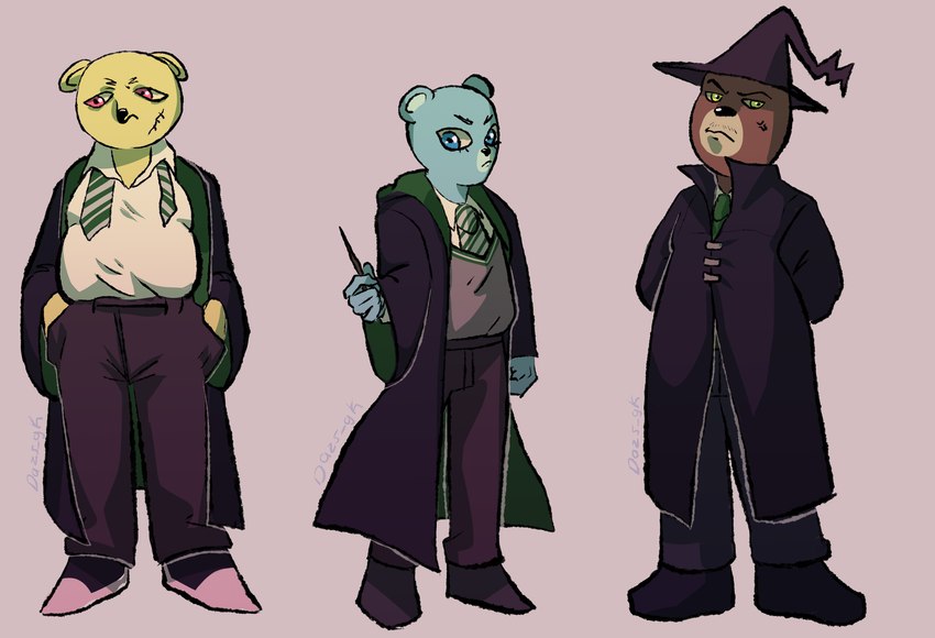 anthro blue_body blue_eyes bottomwear brown_body clothed clothing group hat headgear headwear hogwarts_uniform necktie pants scar school_uniform shirt simple_background slightly_chubby slytherin topwear uniform yellow_body dazs_gk harry_potter_(series) unicorn_wars azulin_(unicorn_wars) grimaldo_(unicorn_wars) sargento_caricias bear mammal 2023 hi_res