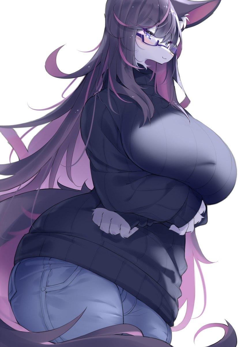 anthro arm_under_breasts big_breasts black_hair blue_eyes blush bottomwear breasts clothed clothing crossed_arms denim denim_bottomwear denim_clothing eyewear female female_anthro fur glasses hair huge_breasts inner_ear_fluff jeans kemono long_hair multicolored_hair pants purple_hair solo sweater topwear tuft two_tone_hair wearing_glasses white_body white_fur huluba canid canine fox mammal 2022 digital_media_(artwork) hi_res portrait three-quarter_portrait