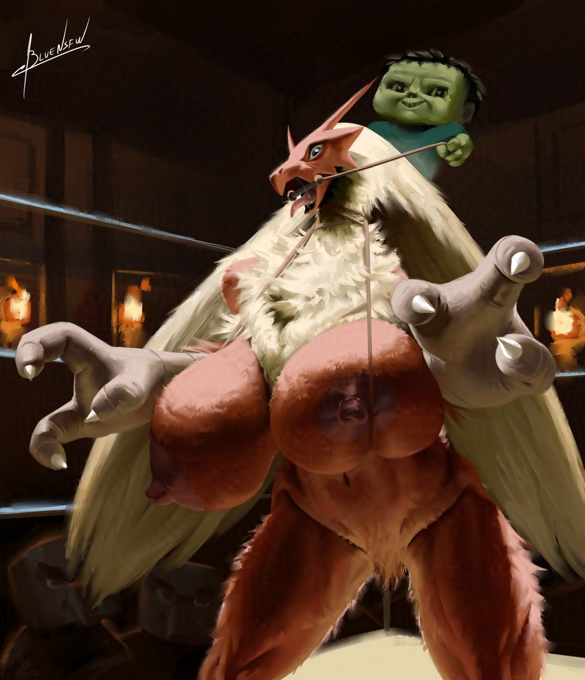 ambiguous_gender anthro areola big_areola big_breasts big_nipples blue_clothing blue_shirt blue_topwear breasts bridle claws clothing curvy_figure female group huge_breasts hyper hyper_breasts inside nipples non-mammal_breasts non-mammal_nipples nude open_mouth red_areola red_nipples riding_on_back shirt smile tongue tongue_out topwear voluptuous young blulesnsfw a_minecraft_movie microsoft minecraft mojang nintendo pokemon xbox_game_studios chicken_jockey blaziken generation_3_pokemon humanoid pokemon_(species) undead zombie zombie_(minecraft) absurd_res hi_res