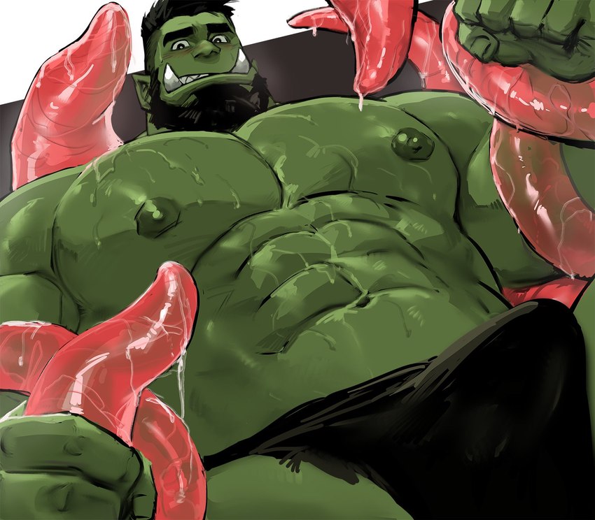 abs barazoku bulge fangs green_arms green_body green_chest green_fingers green_hands green_head green_legs green_nipples green_skin humanoid_pointy_ears male muscular muscular_humanoid muscular_male nipples not_furry pecs pointy_ears solo teeth tentacles dopq humanoid orc hi_res