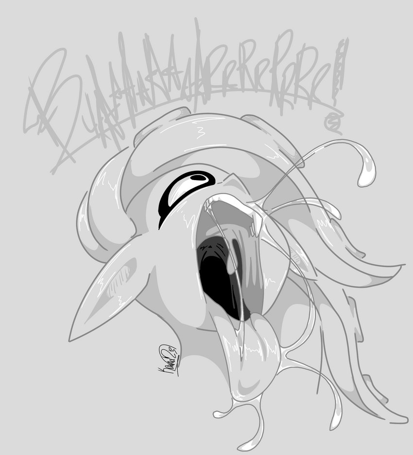 bodily_fluids burping female mouth_shot open_mouth saliva saliva_string solo throat tongue uvula krona999 nintendo splatoon cephalopod marine mollusk octarian octoling hi_res monochrome