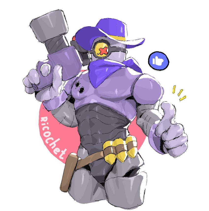 1_eye belt clothing cowboy_hat featureless_crotch gesture gloves gun hand_gesture handgun handwear hat headgear headwear kerchief machine male muscular muscular_male not_furry ranged_weapon solo thumbs_up weapon kogito brawl_stars supercell_(company) rico_(brawl_stars) cyclops humanoid robot