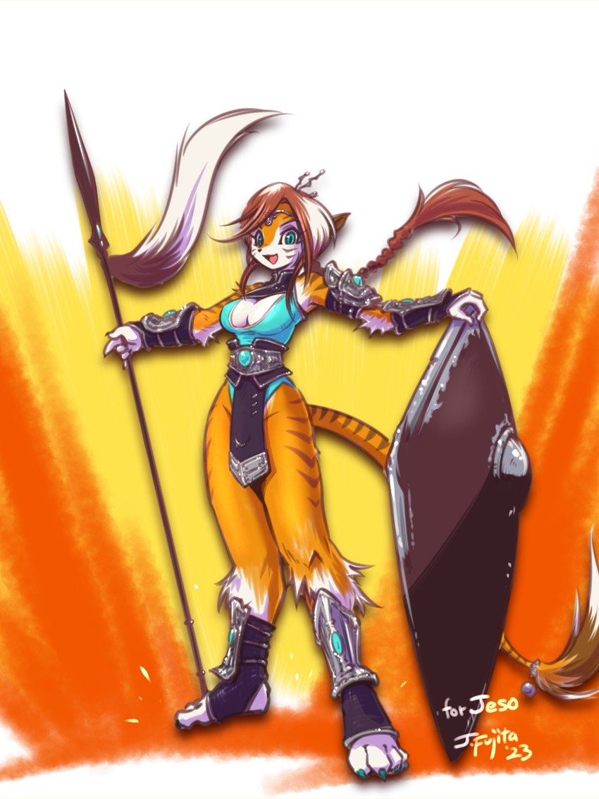 4_fingers 4_toes anklet anthro armor athletic athletic_anthro athletic_female blue_eyes breasts cleavage clothed clothing crotch_apron curvy_figure deep_cleavage feet female fingers hair hourglass_figure jewelry low_cut_shirt melee_weapon polearm ponytail severed_body_part severed_tail shield skimpy smile solo spear toes tribal unconvincing_armor vambrace warrior weapon j-fujita felid mammal pantherine tiger 3:4 hi_res