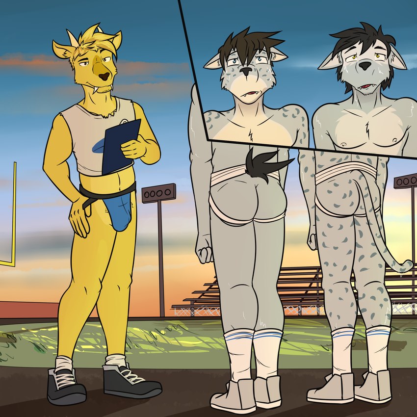 anthro athlete bleachers bodily_fluids clipboard clothing coach crop_top fangs football_field footwear fur goalpost grey_body grey_fur group horn jockstrap male male/male midriff outside shirt shoes skinny socks sweat teeth topwear trio underwear yellow_body yellow_fur fuze dj_strap duke_(fuze) viktor_(fuze) canid canine canis cervine coywolf deer felid hybrid mammal muntjac pantherine snow_leopard 1:1 hi_res