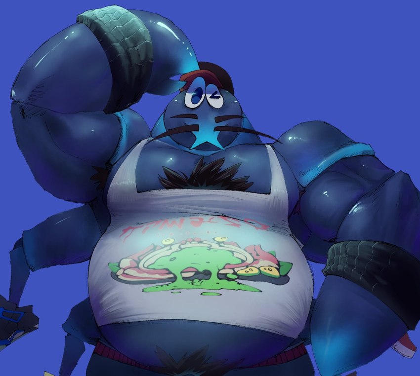 anthro anthrofied belly biceps blue_background body_hair chest_hair claws clothing facial_hair hat headgear headwear male musclegut muscular mustache one_eye_closed pecs shirt simple_background solo tank_top topwear wink saltyseptic nintendo splatoon mr._coco_(splatoon) arthropod coconut_crab crab crustacean decapoda hermit_crab malacostracan marine