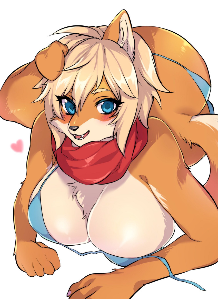 5_fingers anthro big_breasts bikini biped black_nose blonde_hair blue_eyes blush breasts brown_body brown_fur butt cheek_tuft chest_tuft cleavage clothed clothing countershading eyelashes facial_tuft female female_anthro fingers floppy_ears fur hair heart_symbol inner_ear_fluff kemono looking_at_viewer lying on_side open_mouth open_smile scarf short_hair simple_background smile solo swimwear tan_body tan_fur tuft two-piece_swimsuit white_background kurosuke0755 canid canine canis domestic_dog mammal shiba_inu spitz 2020 hi_res