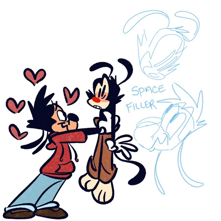 anthro blush clothed clothing duo heart_symbol lifted lifting looking_at_another love male male/male simple_background white_background pickle_raye animaniacs animaniacs_(2020) disney goof_troop hulu warner_brothers max_goof yakko_warner canid canine canis domestic_dog inkblot mammal 1:1 hi_res