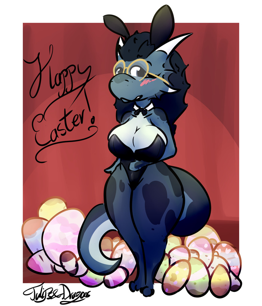 anthro big_breasts big_butt blush breasts bunny_costume butt clothed clothing costume curvy_figure easter_egg egg egg_painting egg_pile eyewear fake_ears fake_rabbit_ears female freckled_face freckled_shoulders freckles glasses hair holidays horn legwear mane membrane_(anatomy) painted_egg painted_eggs short shortstack smile solo stage stockings tail text thick_tail thick_thighs voluptuous wide_hips tulipsanddragons easter freesia kobold scalie absurd_res colored digital_drawing_(artwork) digital_media_(artwork) english_text hi_res shaded signature