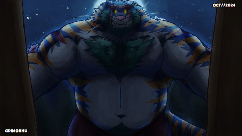 anthro armpit_hair backlighting beard belly biped black_sclera blue_body body_hair bottomwear chest_hair clothed clothing countershade_fur countershading facial_hair front_view full_moon fur light looming male moon musclegut muscular muscular_anthro muscular_male navel night open_door orange_stripes overweight overweight_anthro overweight_male red_bottomwear red_clothing red_shorts shorts solo stripes tail topless tusks whiskers white_body white_countershading yellow_eyes grimorhu felid mammal pantherine tiger 16:9 absurd_res hi_res lighting widescreen