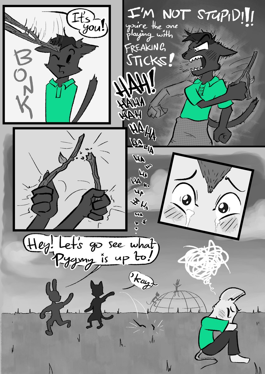 anthro black_body black_fur bottomwear clothed clothing dialogue dowsing_rod female fur hair holding_object male open_mouth playground shaking shivering simple_background skirt speech_bubble tail text white_body white_fur lost_andsafe halcyon_(series) beauchamp_(halcyon) herba_(halcyon) soot_(halcyon) felid lagomorph leporid mammal mouse murid murine rabbit rodent absurd_res comic digital_media_(artwork) english_text hi_res monochrome