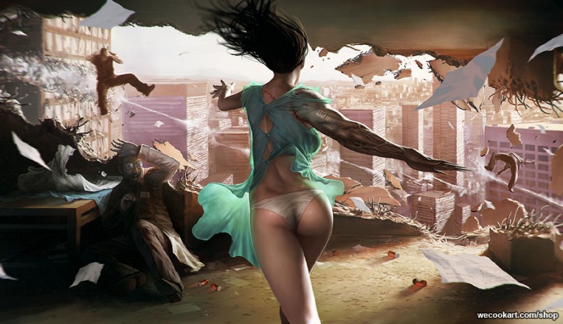 attack black_hair building butt can city cloth clothing container destruction eyewear female footwear furniture glasses group hair high_place inside male mountain not_furry panties paper rear_view shoes sky solo_focus table underwear walking randis digital_media_(artwork) portrait three-quarter_portrait