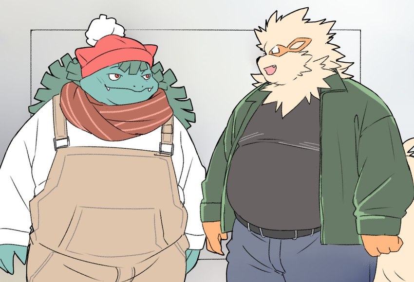 anthro anthrofied bottomwear clothing cute_fangs duo fangs hat headgear headwear kemono male open_mouth orange_body overalls overweight overweight_male pants scarf shirt simple_background sweater teeth topwear inunoshippo nintendo pokemon arcanine generation_1_pokemon pokemon_(species) venusaur 2025 hi_res