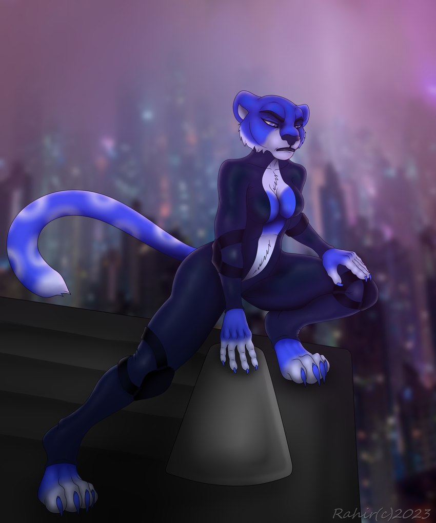 anthro breasts city cleavage clothed clothing dark female futuristic jumpsuit night overalls pose solo rahir domestic_cat felid feline felis mammal 5:6 digital_media_(artwork) hi_res