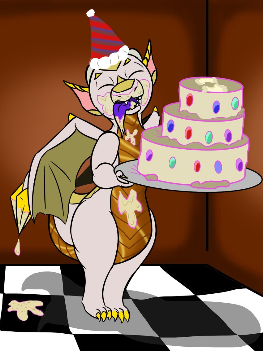 anthro birthday_cake cake celebration claws dessert food gold_scales happy horn male scales solo spotted_face tail white_body white_scales maximilianofox mythology dragon mythological_creature mythological_scalie scalie hi_res