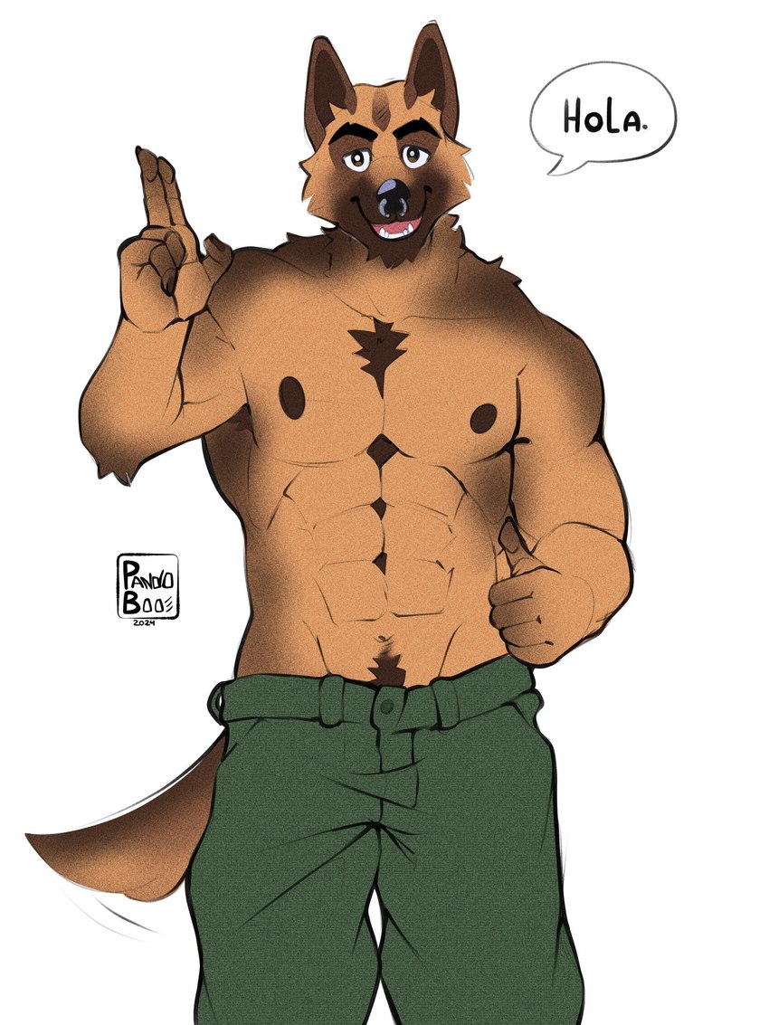 abs anthro barazoku biceps big_muscles biped black_eyes brown_body brown_fur fur looking_at_viewer male muscular muscular_anthro muscular_male pecs shirtless_anthro shirtless_male solo berrymilkbear pandoboo canid canine canis mammal wolf 2024 3:4 hi_res