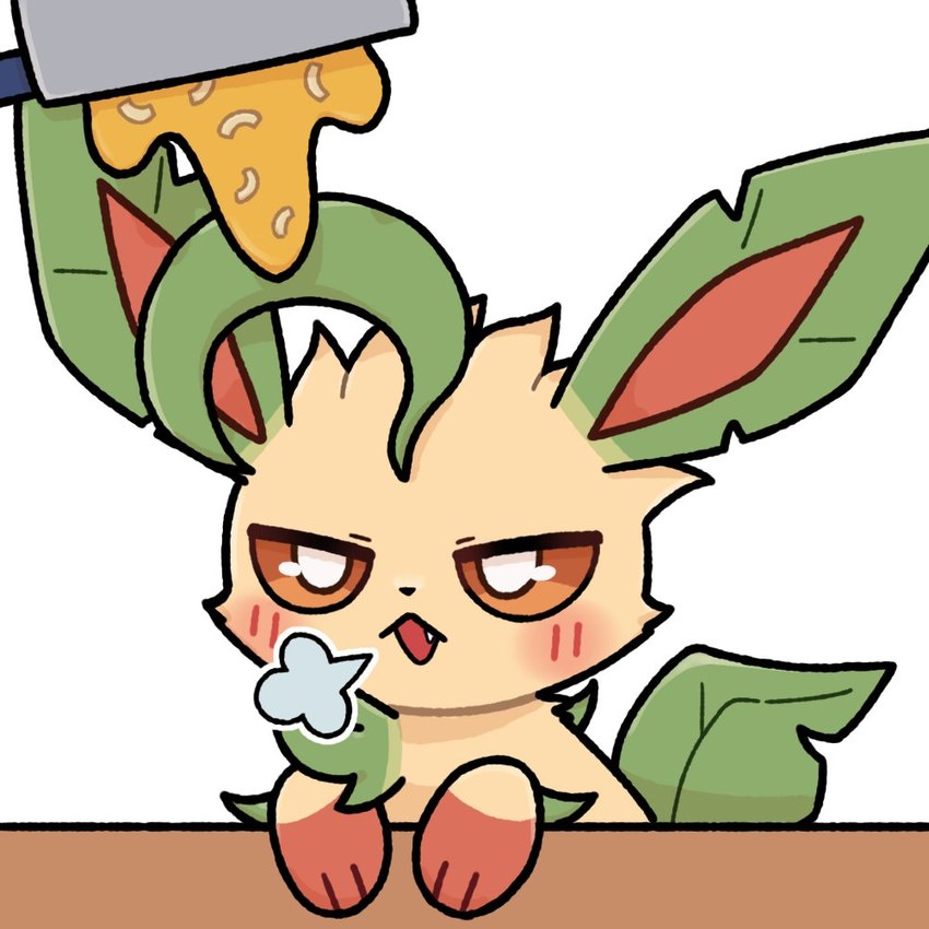 ambiguous_gender blush breath cheese cookware cute_fangs dairy_products fangs feral food half-closed_eyes kitchen_utensils macaroni macaroni_and_cheese narrowed_eyes open_mouth pasta simple_background solo teeth tools park_horang nintendo pokemon eeveelution generation_4_pokemon leafeon pokemon_(species) 1:1