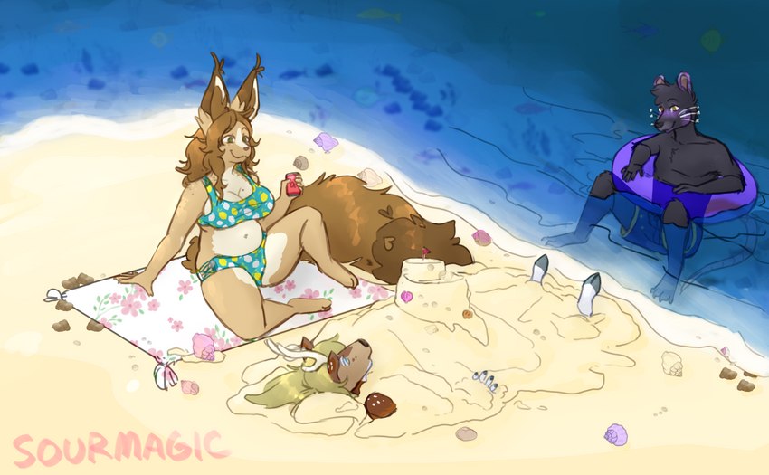 anthro beach beverage beverage_can bikini blonde_hair blue_eyes brown_body brown_fur buried buried_in_sand clothing female floatie fluffy fluffy_tail fur green_eyes grey_body grey_fur group hair hooves inflatable inner_tube male sand sand_castle sculpture sea seaside slightly_chubby slightly_chubby_female smile swimming_trunks swimwear tail towel trio two-piece_swimsuit water white_body white_fur yellow_body yellow_fur sourmagic levi_kyros deer domestic_cat felid feline felis fish mammal marine murid murine rat rodent valta hi_res