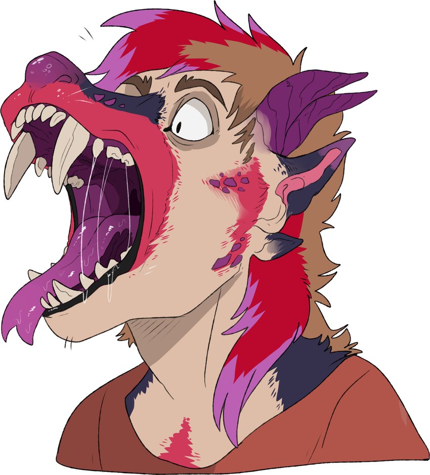 anthro big_fangs black_body black_ears black_fur black_lips bodily_fluids brown_eyebrows brown_hair eyebrows fangs forked_tongue fur fur_growth growth hair horn human_to_anthro lips male mid_transformation mouth_shot multicolored_hair open_mouth pink_inner_ear purple_ears purple_hair purple_horn purple_nose red_body red_fur red_hair saliva saliva_on_lips saliva_on_tongue saliva_string simple_background snout snout_growth solo species_transformation teeth tongue tongue_out transformation uvula white_background imperatorcaesar pyruvic demon human mammal absurd_res hi_res