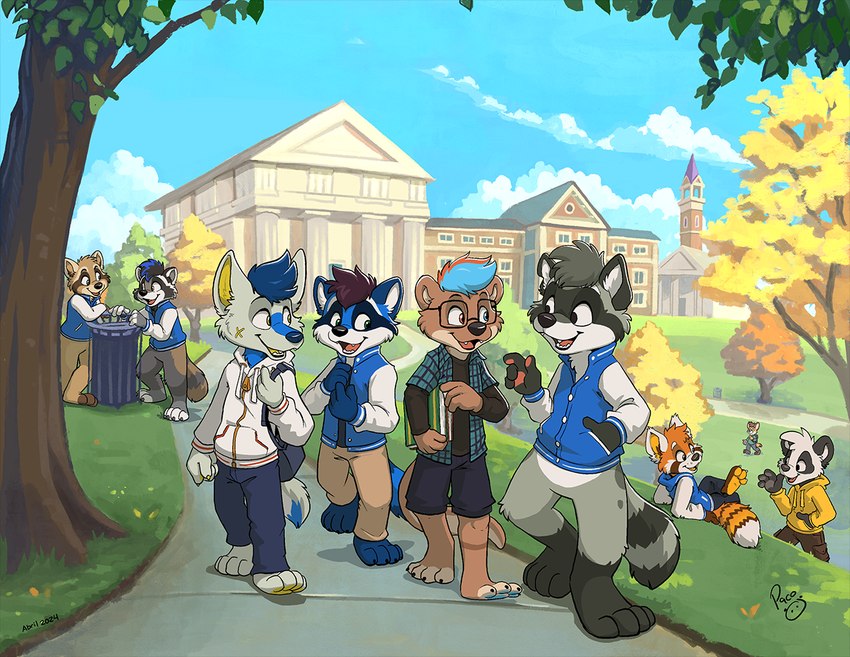 anthro eyewear glasses grass group heterochromia male plant school trash_can tree pandapaco ailurid canid canine canis mammal procyonid raccoon red_panda wolf