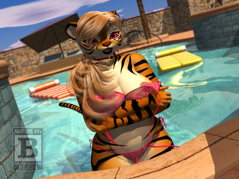 anthro bikini blonde_hair breasts cleavage clothed clothing female hair nipples open_mouth red_eyes skimpy solo stripes swimming_pool swimwear tail two-piece_swimsuit untied untied_bikini wardrobe_malfunction water blx24 anna felid mammal pantherine tiger 3d_(artwork) 4:3 digital_media_(artwork)