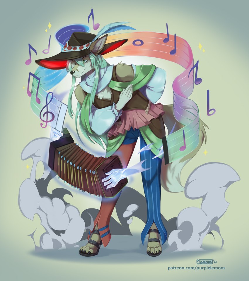 accordion anthro bard bottomwear clothing feathers footwear hat headgear headwear music musical_instrument sandals scarf shoes skirt solo purplelemons soren_(skeletonjester) canid canine fox mammal 2021 digital_media_(artwork) hi_res shaded