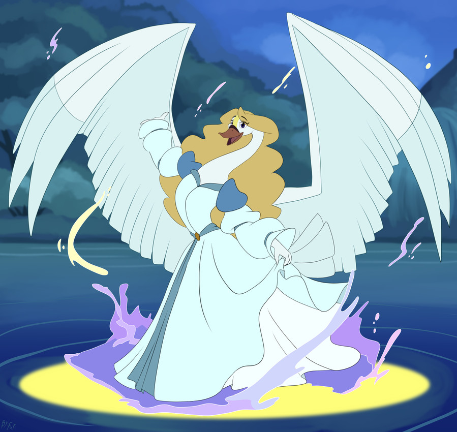 anthro anthrofied beak blonde_hair clothed clothed_female clothing dress feathered_wings feathers female hair magic night open_beak open_mouth outside solo spread_wings tail tail_feathers water white_body white_feathers wings fuf the_swan_princess princess_odette anatid anseriform anserinae avian bird swan hi_res