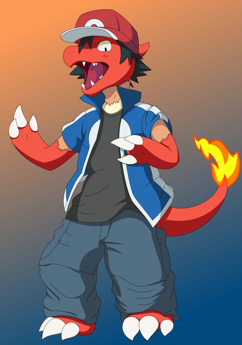 3_fingers 3_toes black_hair claws clothed clothing feet fingers fire flaming_tail gradient_background hair hat headgear headwear human_to_anthro male open_mouth simple_background solo species_transformation tail toe_claws toes transformation white_claws yorusagi nintendo pokemon ash_ketchum pokemon_trainer charmeleon generation_1_pokemon human mammal pokemon_(species) 2017 hi_res