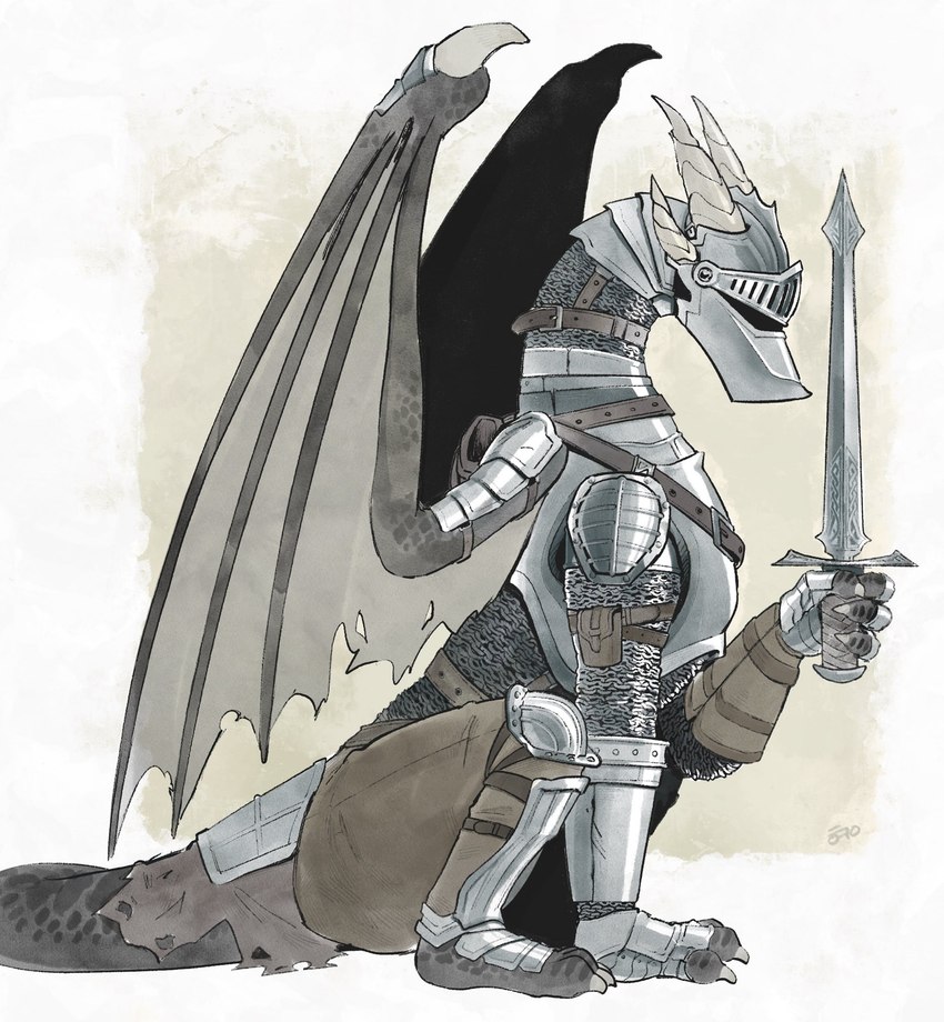 ambiguous_gender armor belt border breastplate chainmail claws feral feral_armor finger_claws full_armor furgonomic_armor furgonomics grey_body grey_scales headgear helmet holding_melee_weapon holding_object holding_sword holding_weapon horn long_neck melee_weapon membrane_(anatomy) membranous_wings pauldron quadruped scales shin_guards simple_background sitting snout solo sword tail tan_background toe_claws weapon white_border wing_armor wing_claws wings hacony elden_ring european_mythology fromsoftware mythology dragon mythological_creature mythological_scalie scalie western_dragon hi_res shaded signature