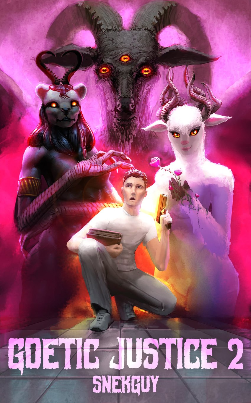 anthro book female flower glowing glowing_eyes group gun horn male novel_cover plant ranged_weapon rose_(flower) weapon meandraco snekguy bovid caprine felid goat human lion mammal pantherine absurd_res hi_res