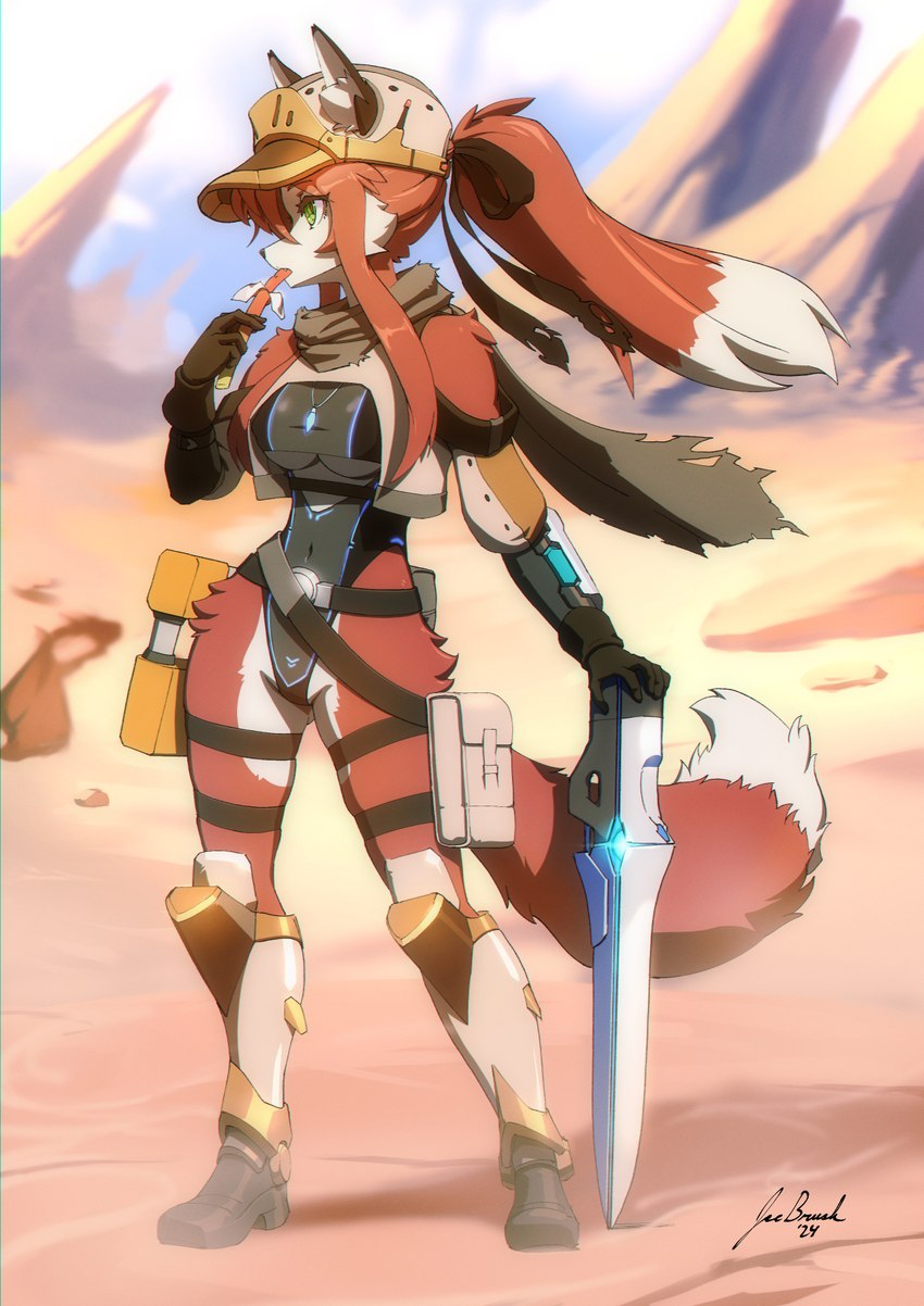 anthro arm_tuft armor belt breasts clothing desert dipstick_tail eyelashes female food fur gloves green_eyes gun hair handwear hat headgear headwear hip_tuft inner_ear_fluff kemono leotard markings outside ponytail pouches ranged_weapon red_body red_fur red_hair scarf shoulder_tuft snack solo standing tail tail_markings tuft weapon white_body white_fur jecbrush nora_leslie canid canine fox mammal hi_res