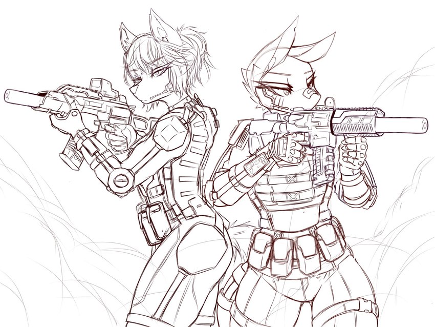 anthro assault_rifle biped clothed clothing duo eyelashes female front_view fur gun hair holding_gun holding_object holding_ranged_weapon holding_weapon military military_hat ranged_weapon rifle side_view tail weapon juppi citadel_(juppi) canid canine canis domestic_dog mammal reptile scalie snake 4:3 hi_res monochrome sketch