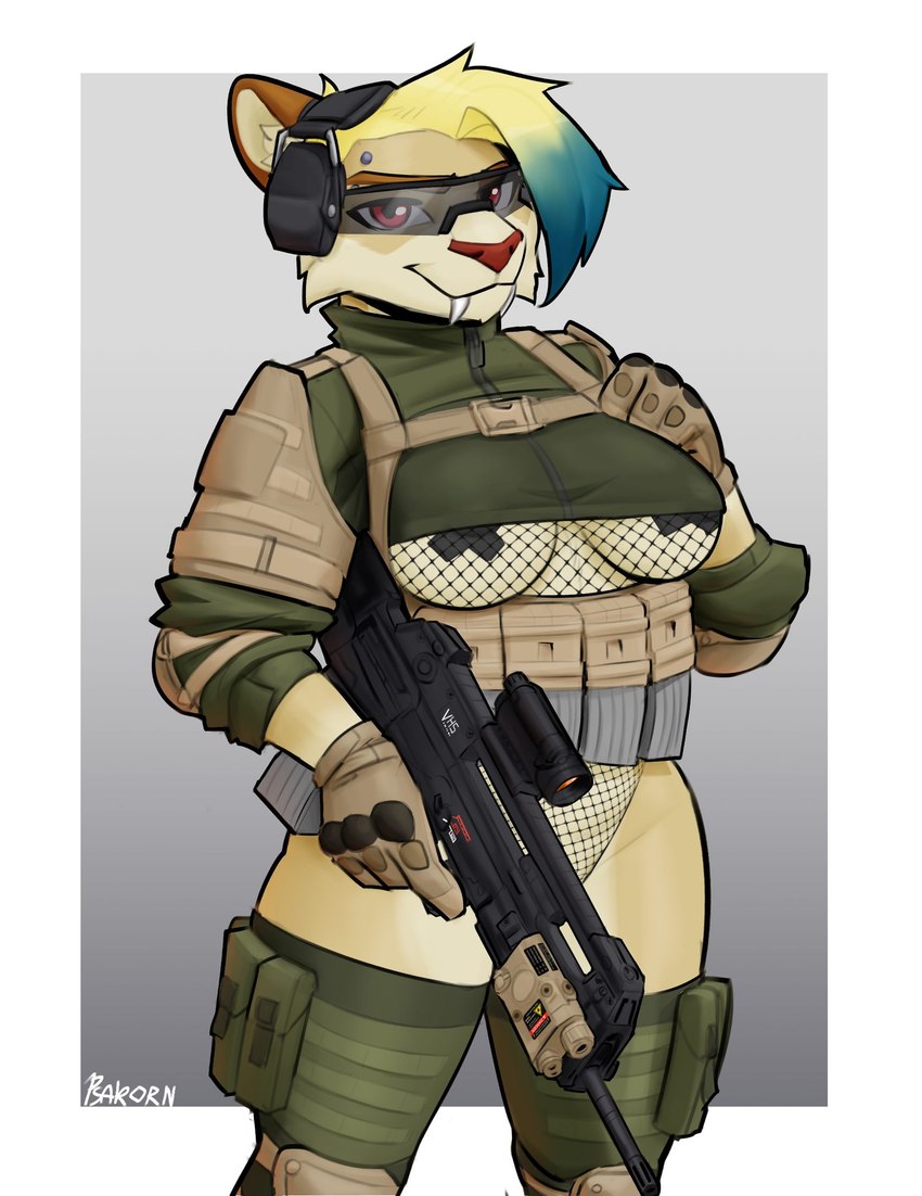 ammo_belt ammunition anthro blonde_hair blue_hair breasts clothed clothing ear_protection eyebrow_piercing eyewear facial_piercing fangs female fishnet_clothing glasses gloves gun hair handwear highlights_(coloring) multicolored_hair nipple_covers partially_clothed piercing ranged_weapon red_dot_sight red_eyes sabertooth_(anatomy) solo straps tactical_gear teeth topwear two_tone_hair weapon psakorn_tnoi aisha_iriguchi_(zephod) felid mammal prehistoric_species saber-toothed_tiger 2023 hi_res